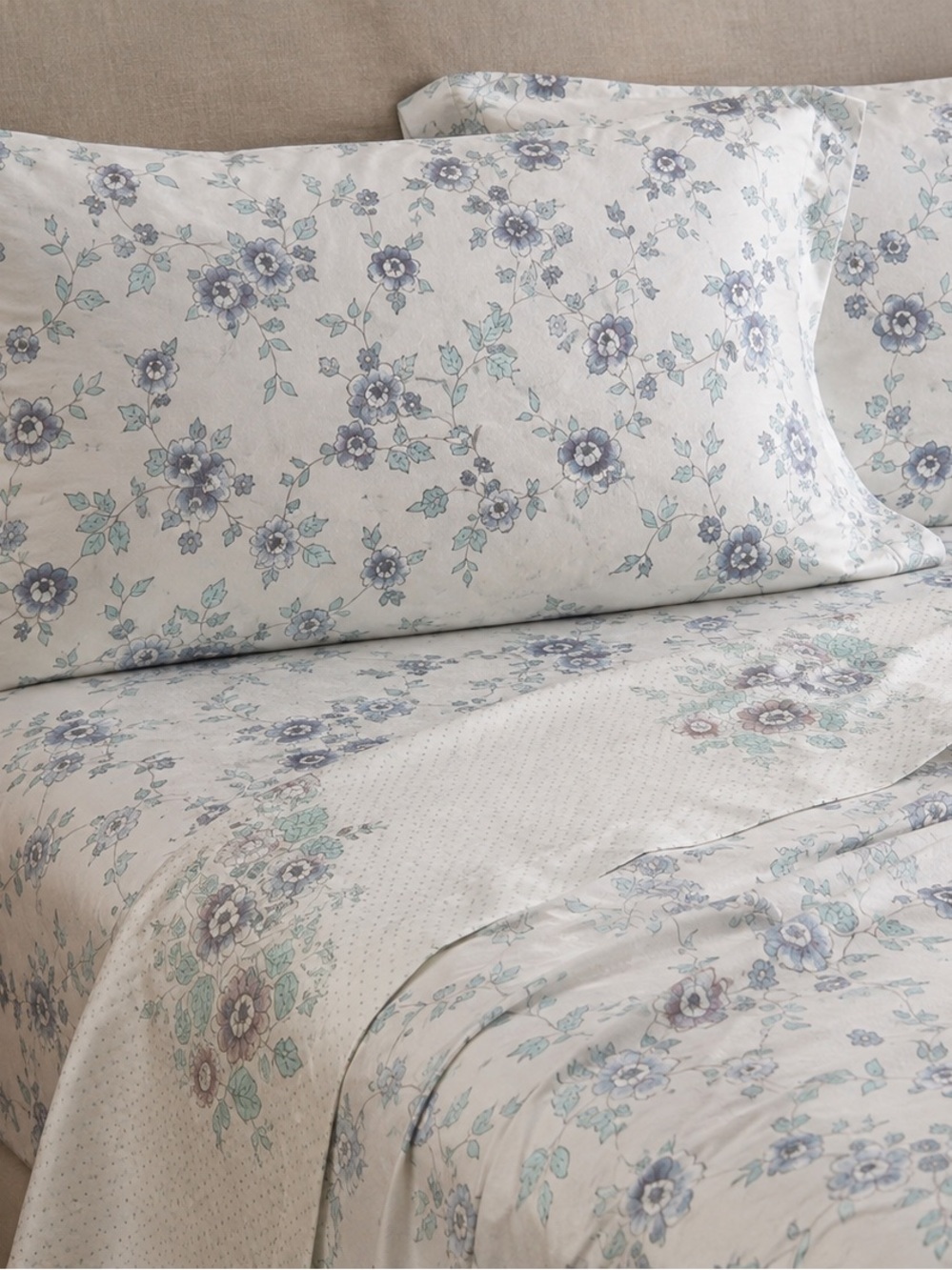Floral 100 % Cotton Sheet Set in white with Soft Blue and and lavender flowers